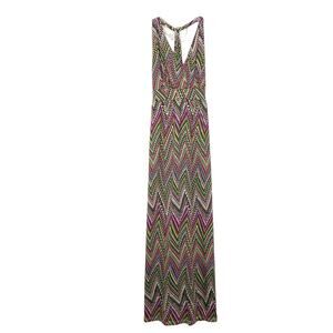 NWOT NEESHA Dress M/L Geo Halter Cross Back Smocked Maxi Stretch Multicolor